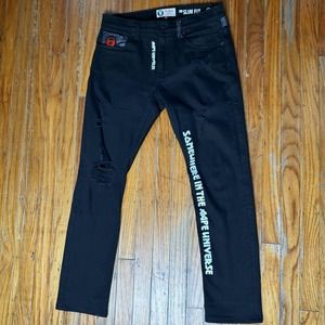 BAPE Aape 30 X 30 Distressed Black Jeans Ripped denim Size Small Writing Print